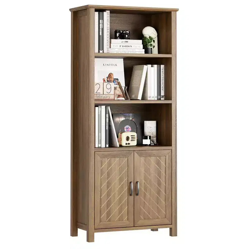 Farmhouse Bookshelves and Bookcases with Doors, 5-Tier Storage Bookshelf-Bookcase, Wooden Shelf Bookshelves