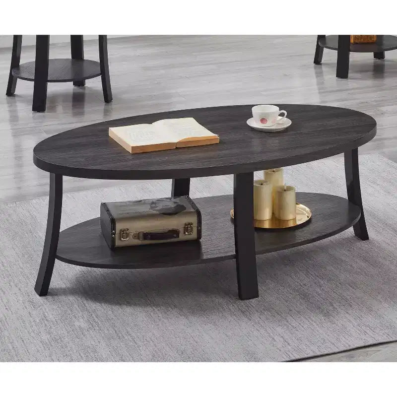 Table basse contemporaine ovale en bois avec étagère
